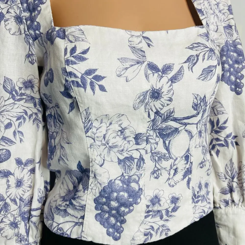 Reformation Stilton Linen Top Blue Toile Floral Long Sleeve Square Neck Size 2